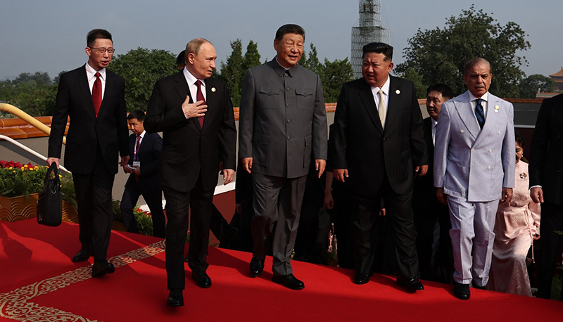 Photo if Xi Jinping, Vladimir Putin, and Kim Jong Un attending the 2025 China Victory Day Parade in Beijing, 2025.