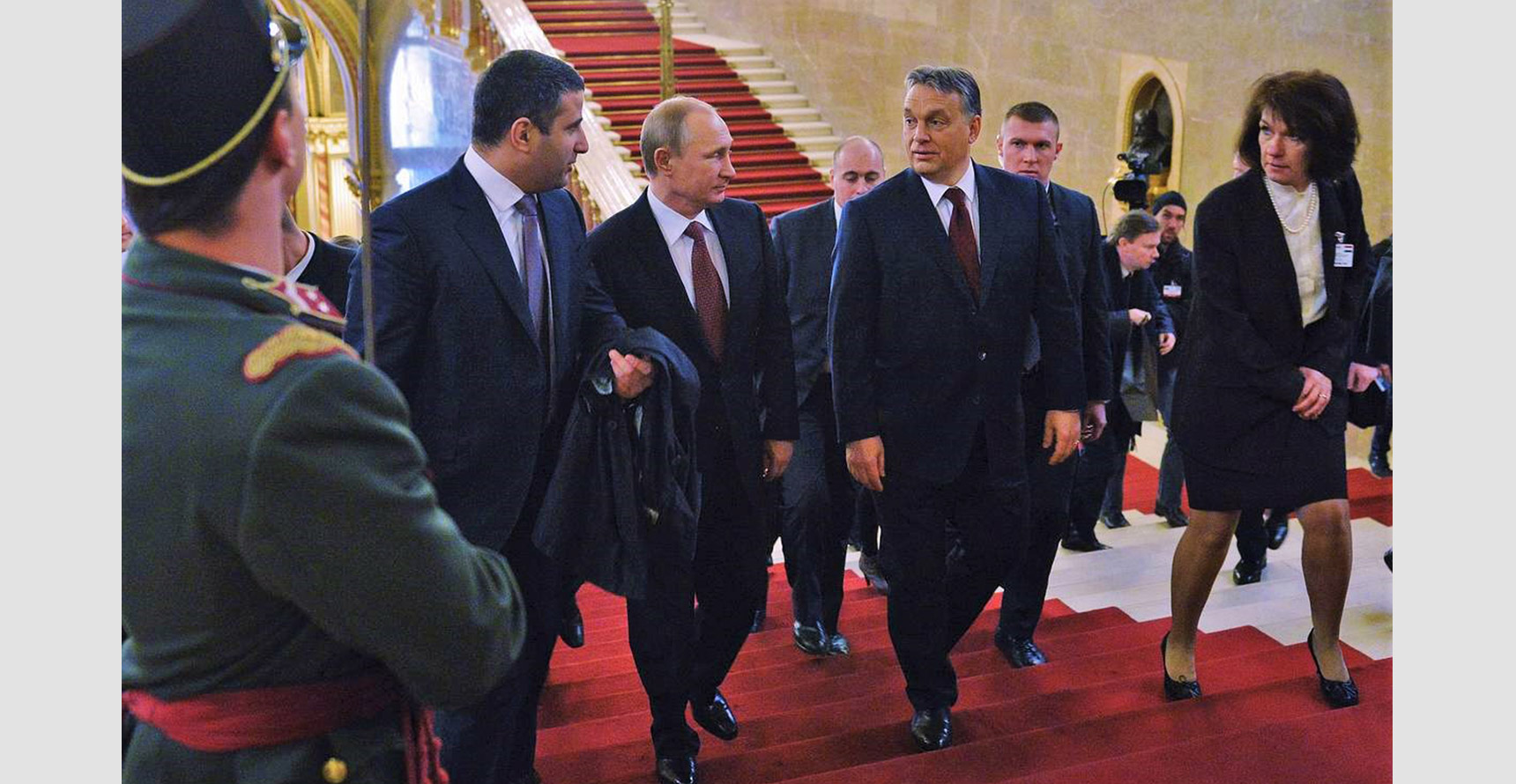 Vladimir Putin with Viktor Orbán on a visit to Hungary in February 2015