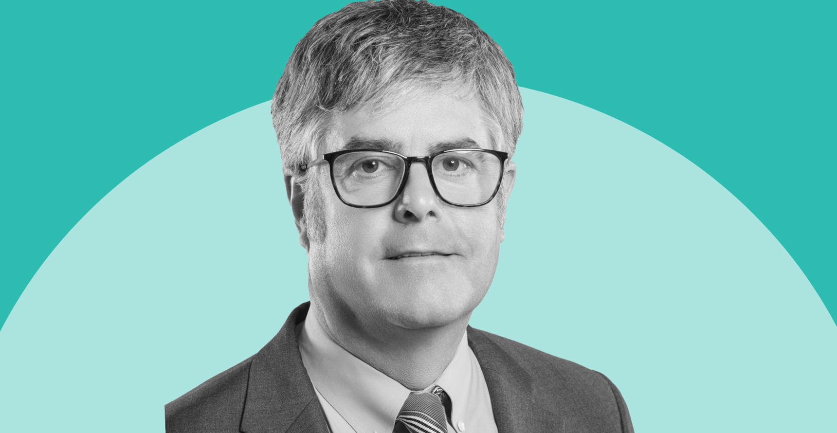 Black and white headshot photo of Thom Mason overlaid on a two-tone teal background