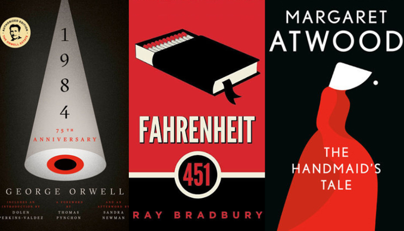 A collage of book covers, including "1984" "Fahrenheit 451" and "The Handmaid's Tale"