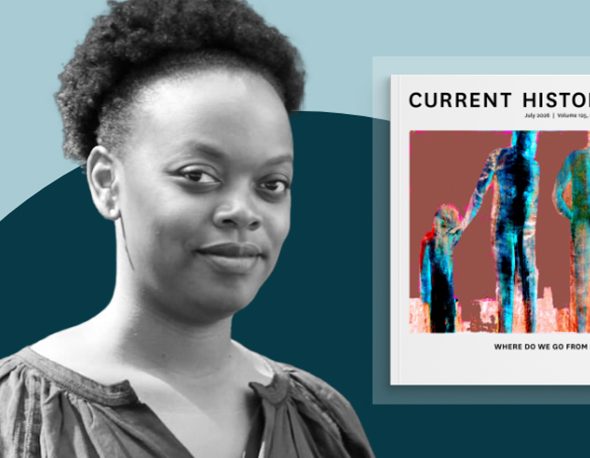 Headshot of Folashade Soule overlaid on a two-tone blue background next to the cover image of the July 2026 issue of Current History