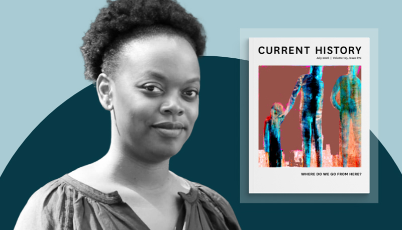 Headshot of Folashade Soule overlaid on a two-tone blue background next to the cover image of the July 2026 issue of Current History