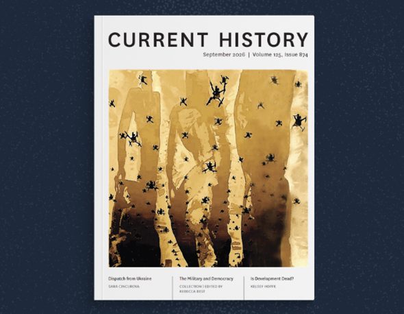The cover artwork of the September issue of Current History overlaid on a textured, navy blue background