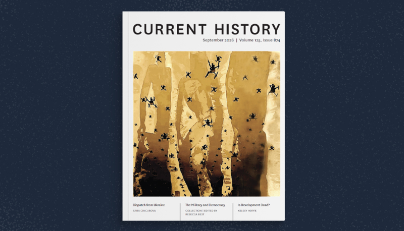 The cover artwork of the September issue of Current History overlaid on a textured, navy blue background