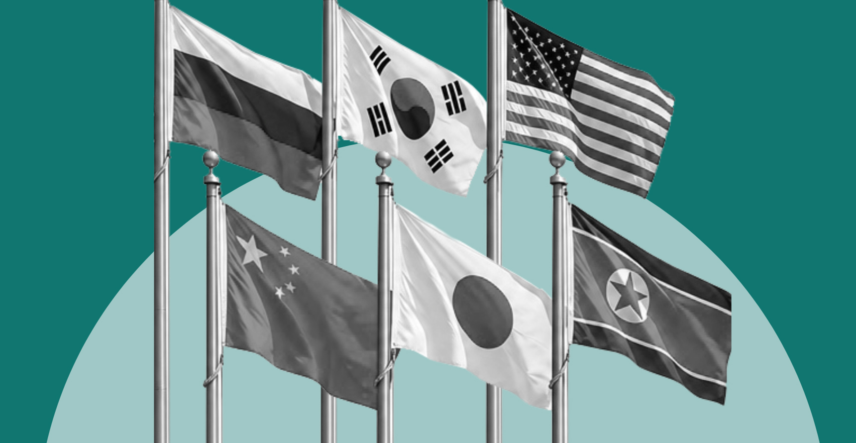 The national flags of Russia, South Korea, the United States, China, Japan and North Korea in black and white overlaid on a two-tone green background
