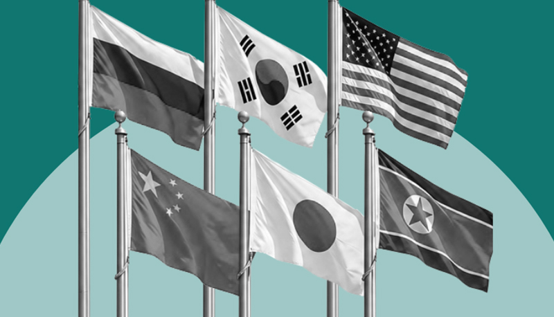 The national flags of Russia, South Korea, the United States, China, Japan, and North Korea in black and white, overlaid on a two-tone green background