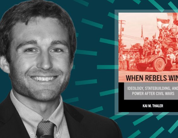 Black and white headshot photo of Kai Thaler next to the cover image of his book, "When Rebels Win", overlaid on a green background with IGCC branding