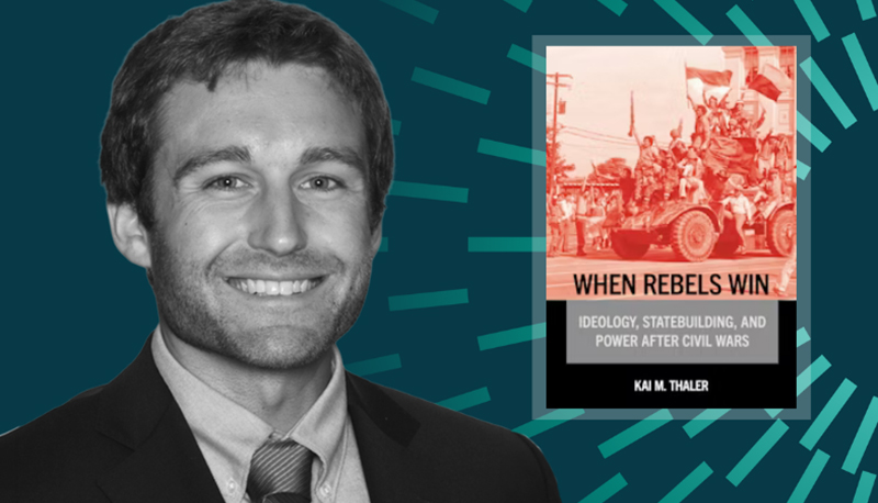 Black and white headshot photo of Kai Thaler next to the cover image of his book, "When Rebels Win", overlaid on a green background with IGCC branding