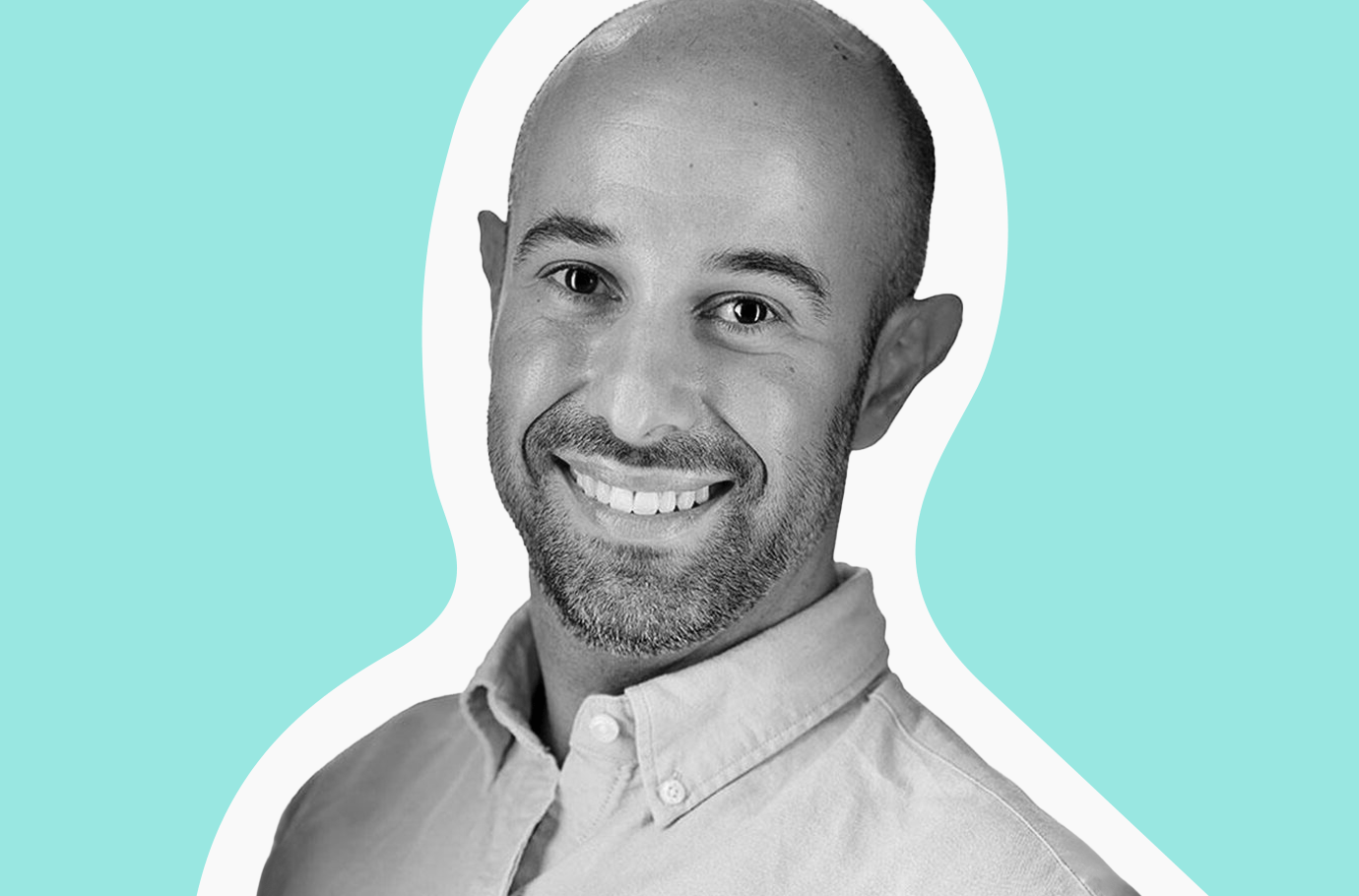 Black and white headshot of Cameran Ashraf on a teal background
