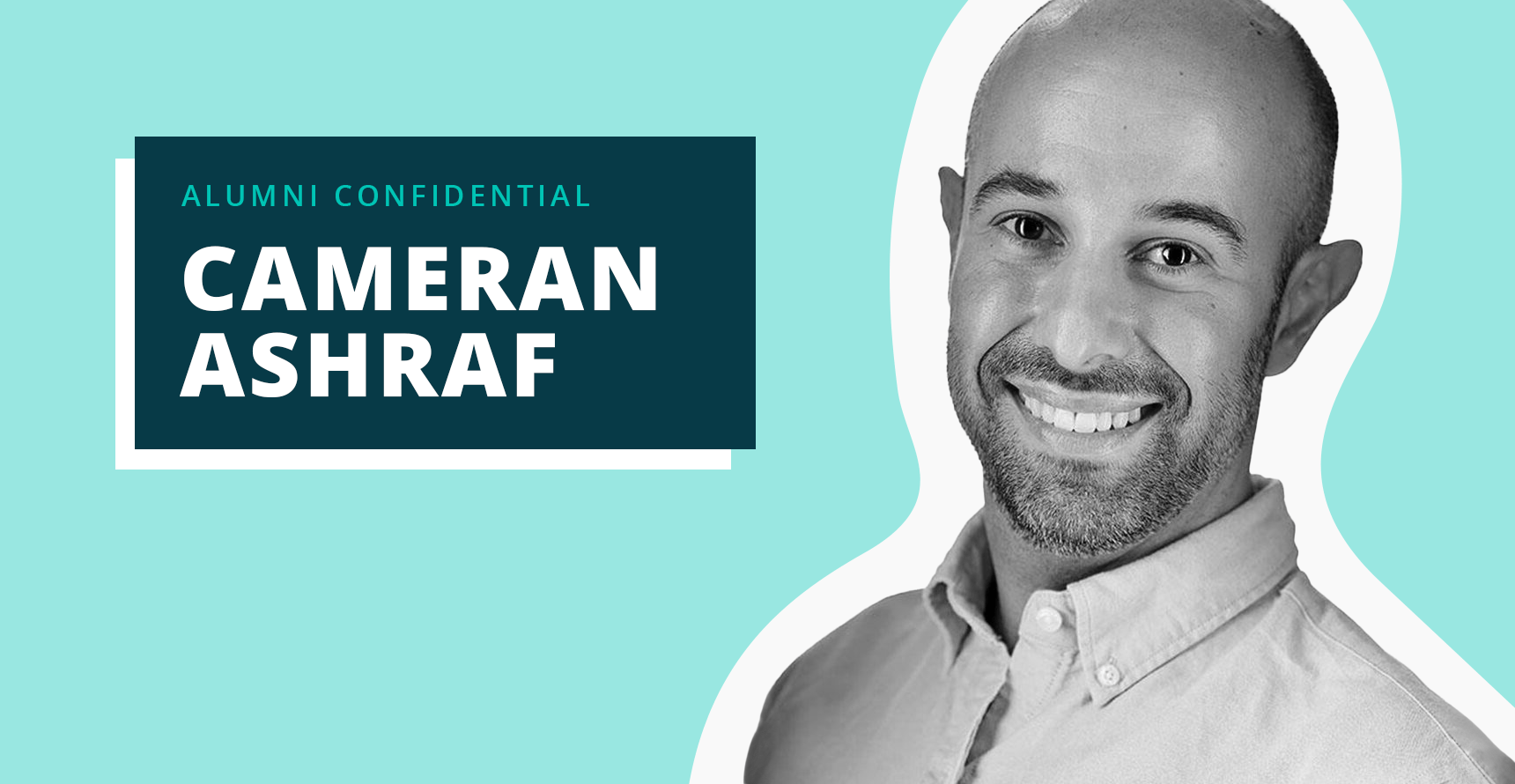 Black and white headshot of Cameran Ashraf on a teal background