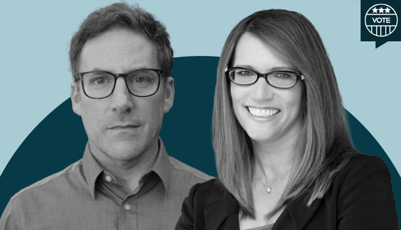 Black and white headshot photos of Stuart Soroka and Lynn Vavreck overlaid on a two-tone blue background.