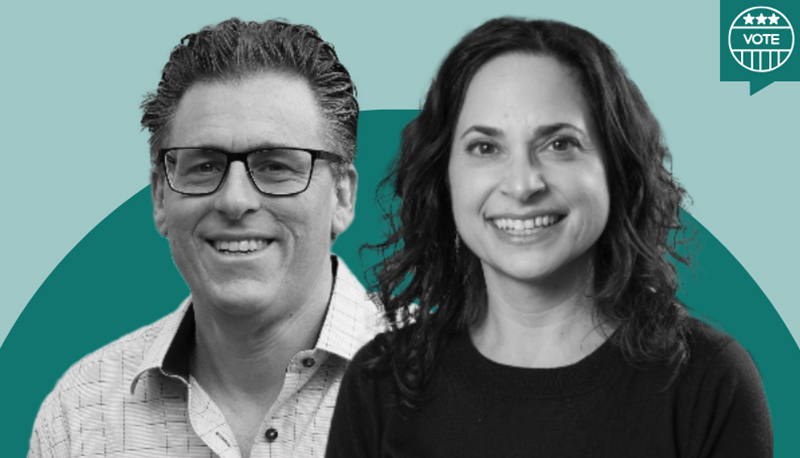 Black and white headshot photos of Ben Bishin and Jennifer Merolla overlaid on a two-tone teal bacgkround