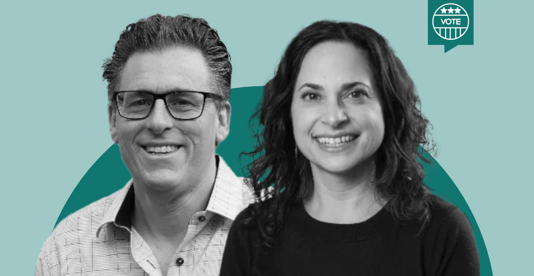 Black and white headshot of Ben Bishin and Jennifer Merolla overlaid on a two-tone teal background