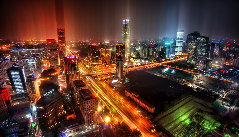 Lights from the Beijing skyline after rain